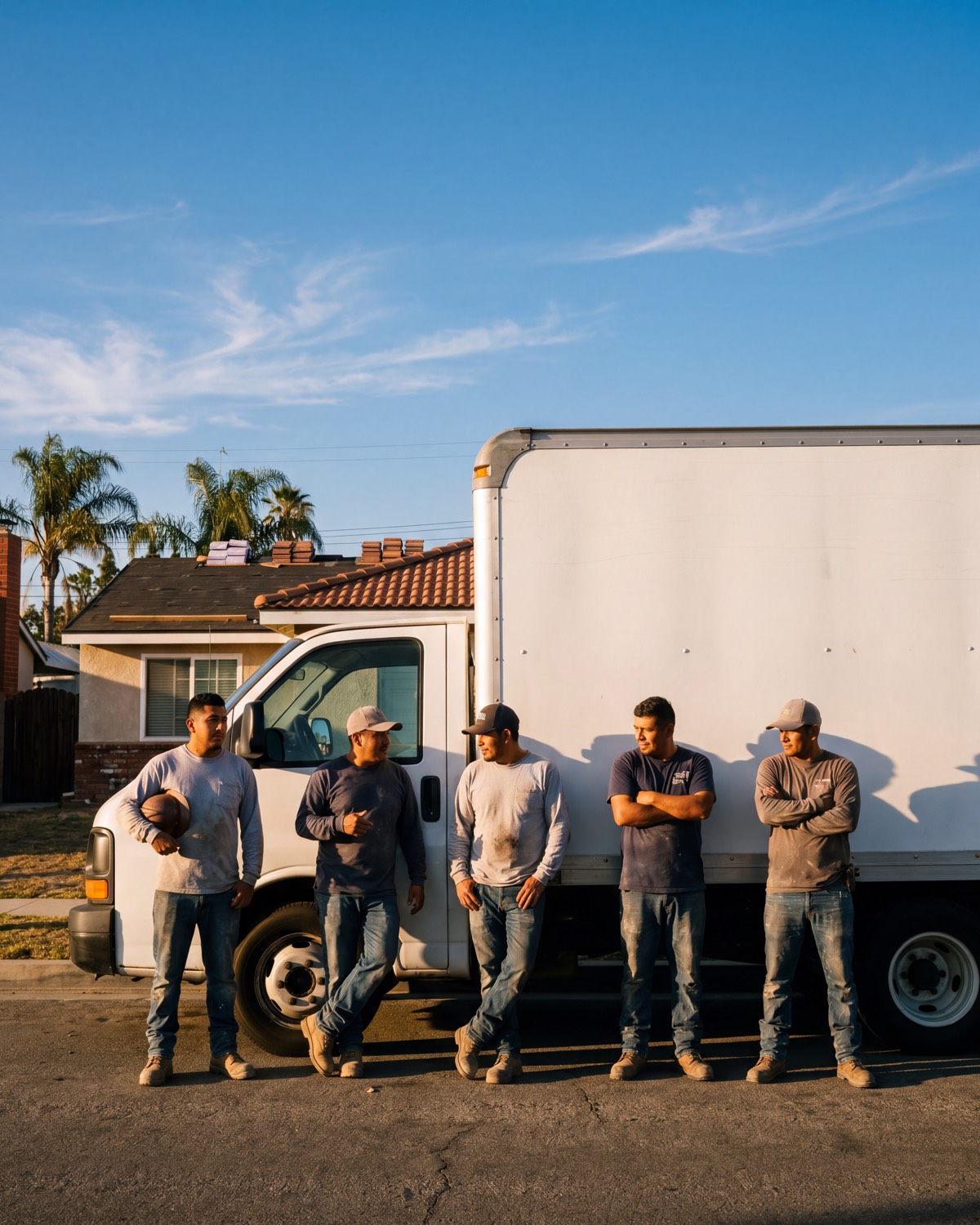 The One Way Roofing crew standing together in front of their branded box truck outside a job site