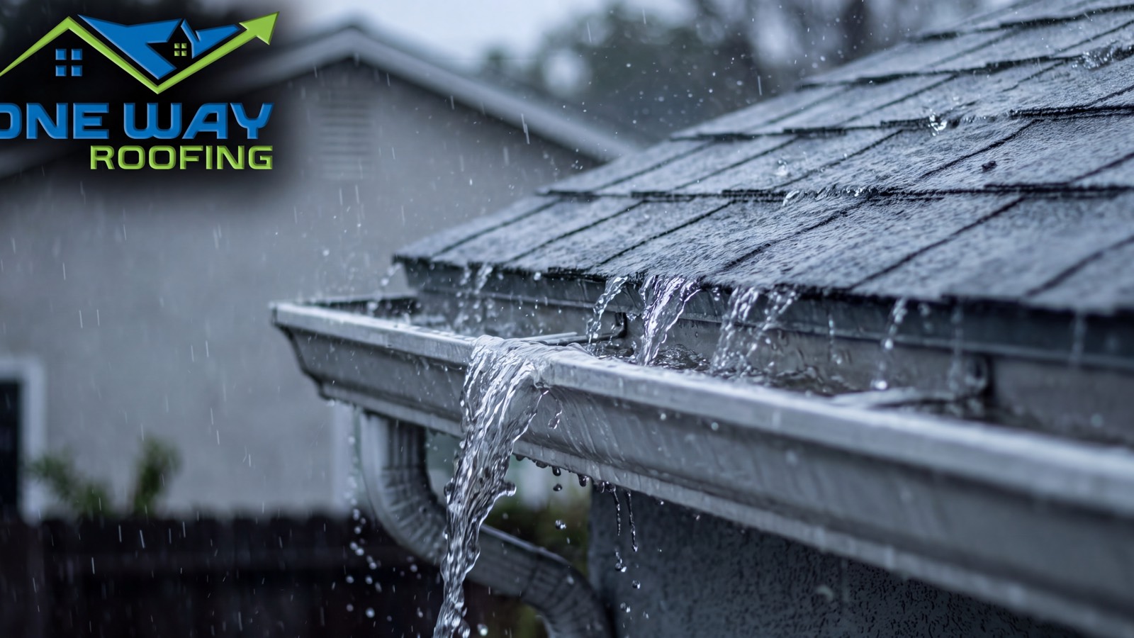 Heavy rain sheeting off the edge of a residential roof into a gutter during a Los Angeles winter storm