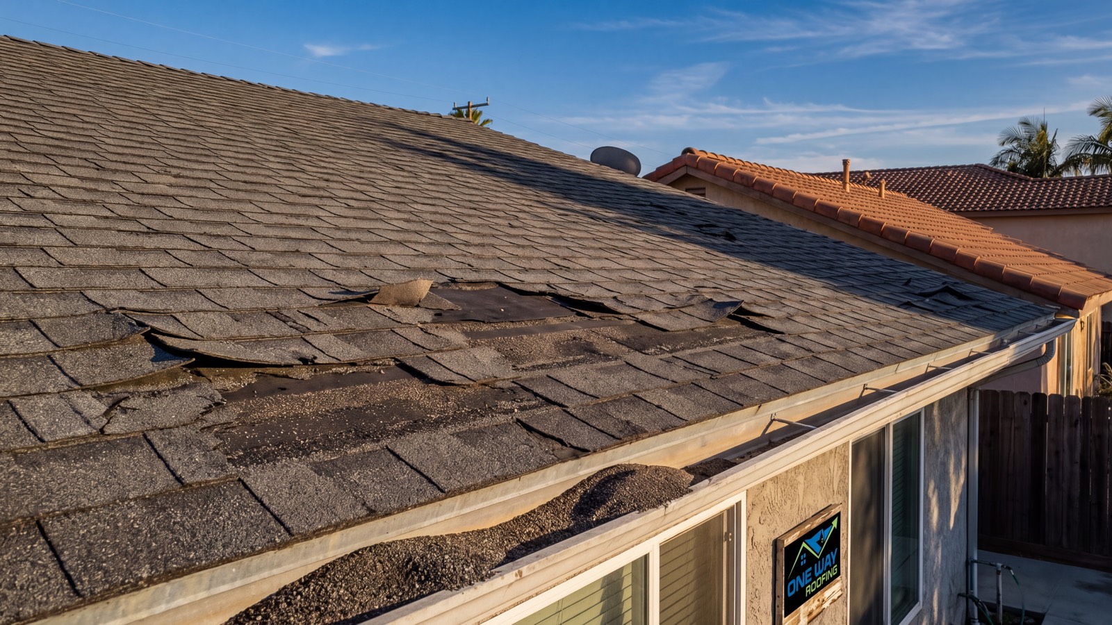 Aged asphalt shingle roof showing curling, cracked shingles and heavy granule loss