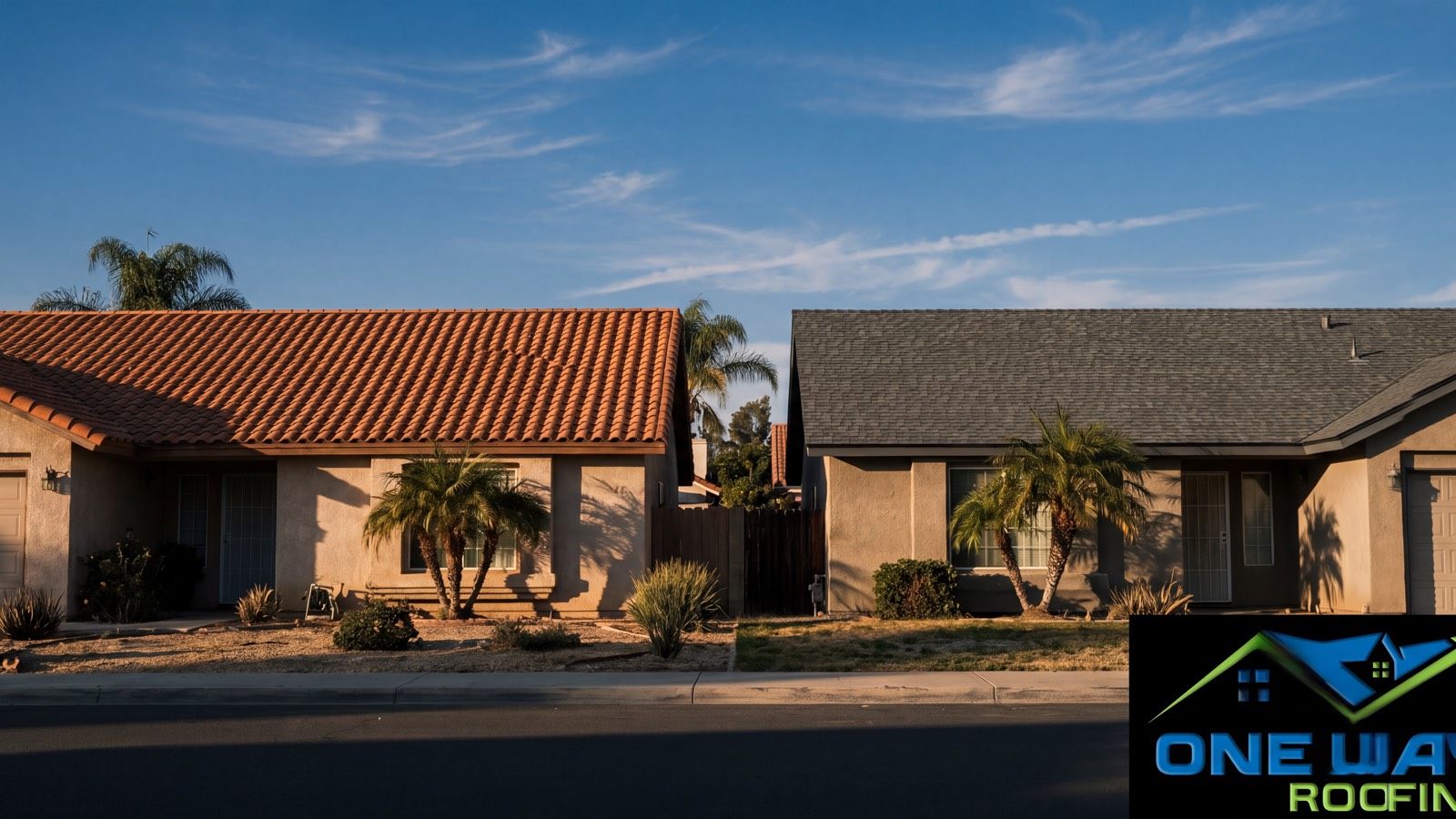 Two neighbouring Southern California homes seen from the street, one with a terracotta tile roof and one with a charcoal shingle roof