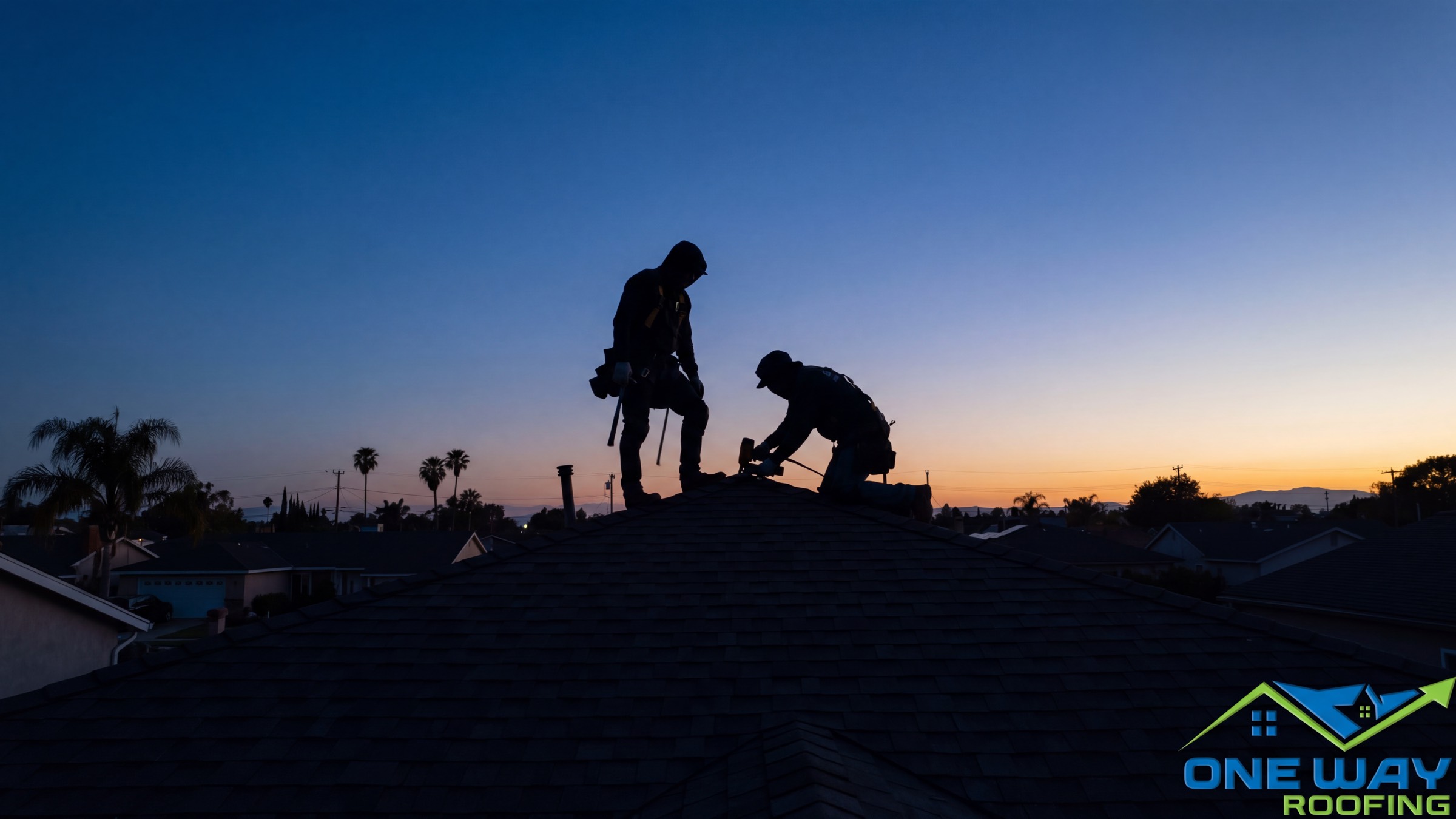 A roofing crew finishing a ridge at dusk, silhouetted against a deep blue evening sky