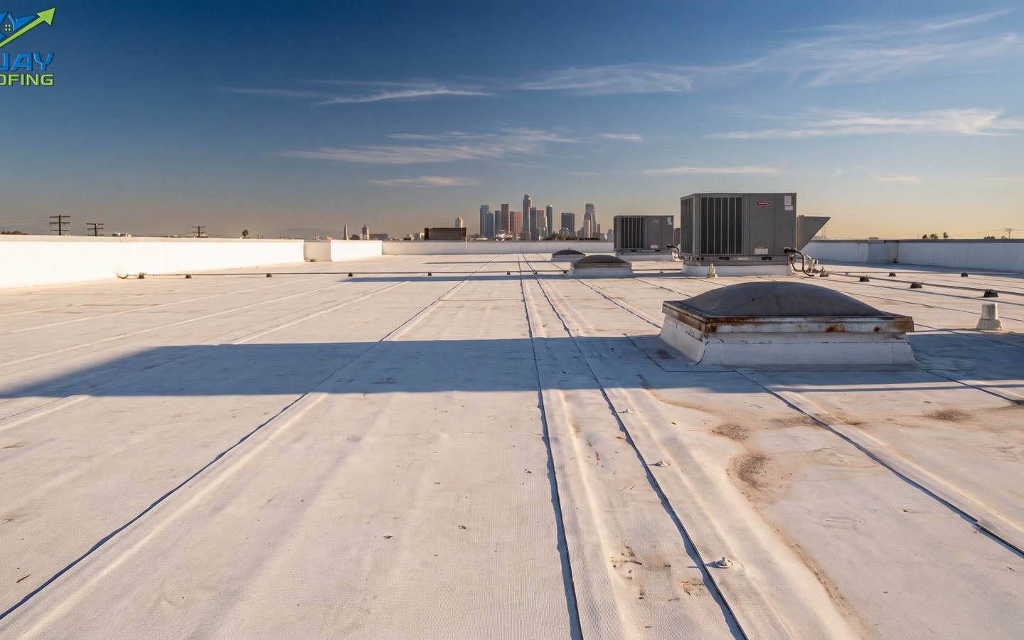 Bright white TPO flat roof on a commercial building, HVAC units lined up under a midday sky