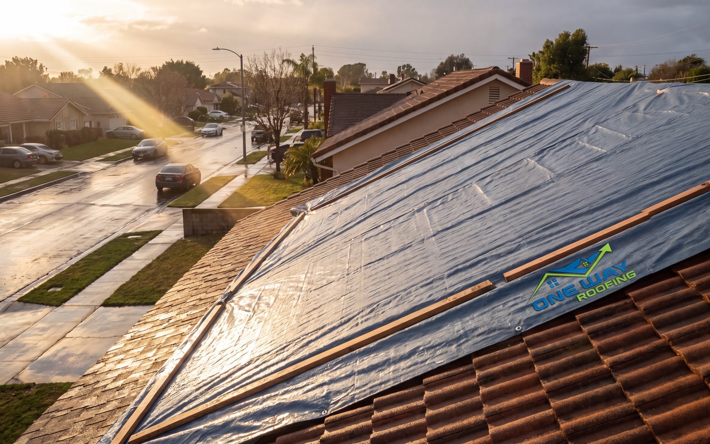 Storm-damaged residential roof secured with a properly fastened heavy-duty tarp as the clouds clear