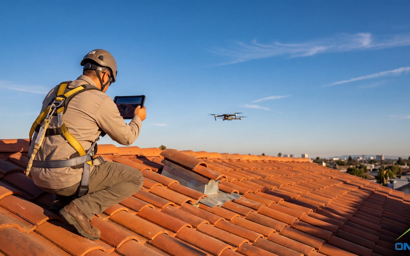 Roof inspector in a safety harness photographing flashing with a tablet while a drone hovers nearby