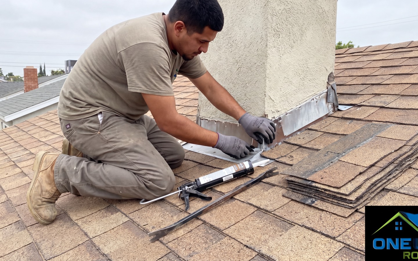 Roofer kneeling on an asphalt shingle roof, refitting metal step flashing beside a chimney