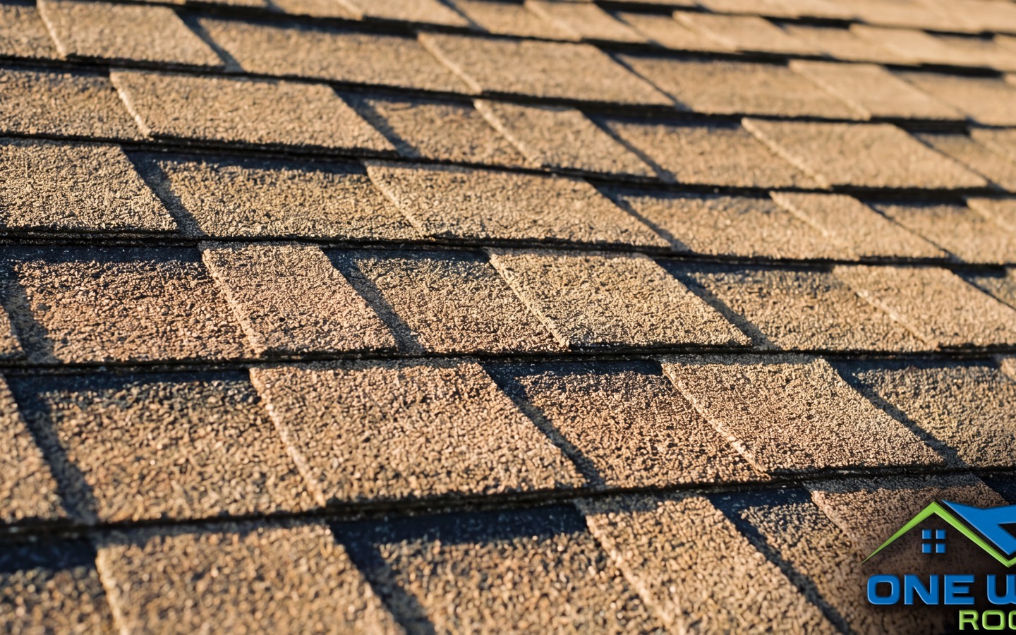 Detail of dimensional architectural asphalt shingles in a weathered-wood colour, staggered across the frame