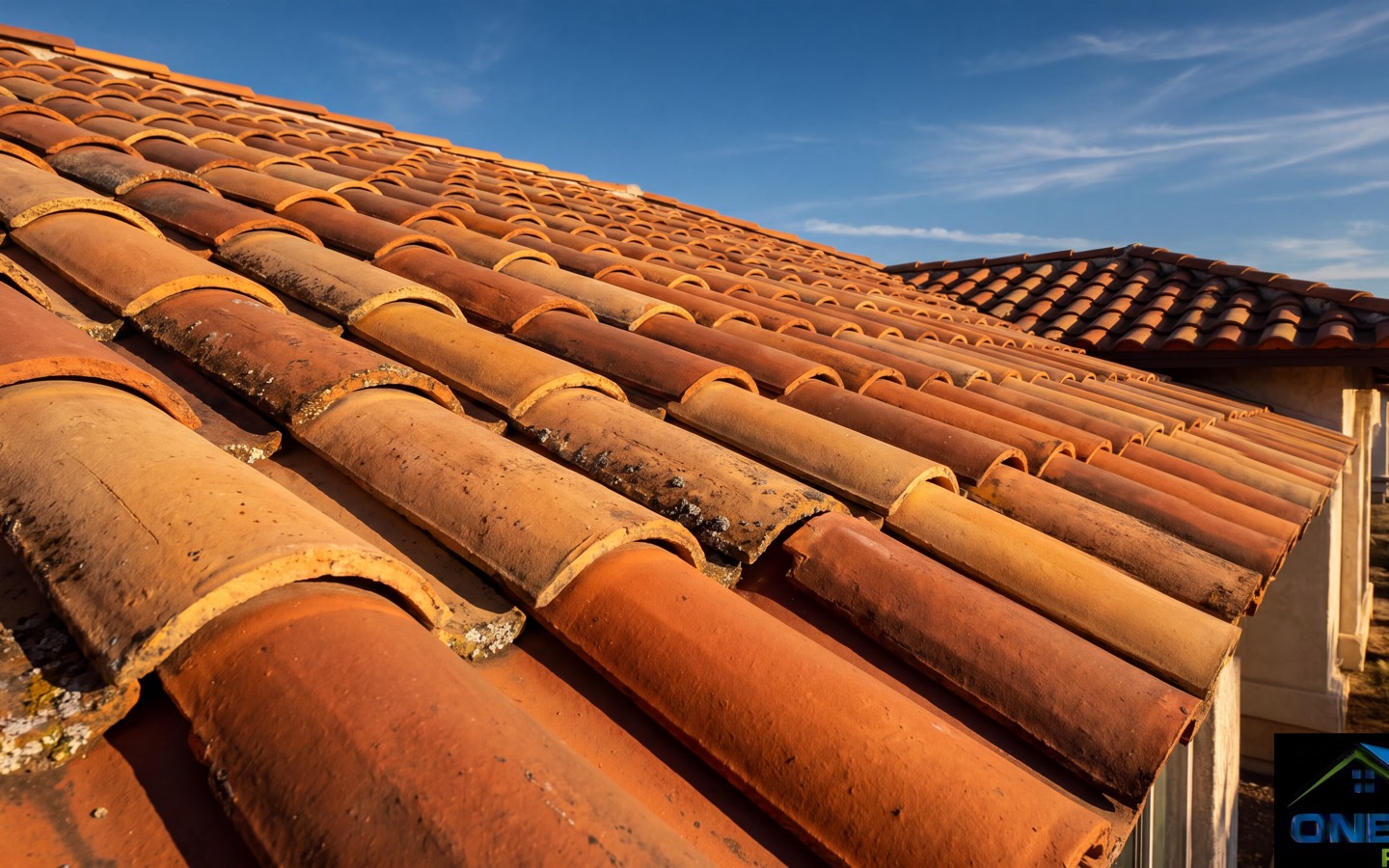 Close-up of terracotta clay barrel tiles on a Spanish-style Southern California home in warm afternoon light