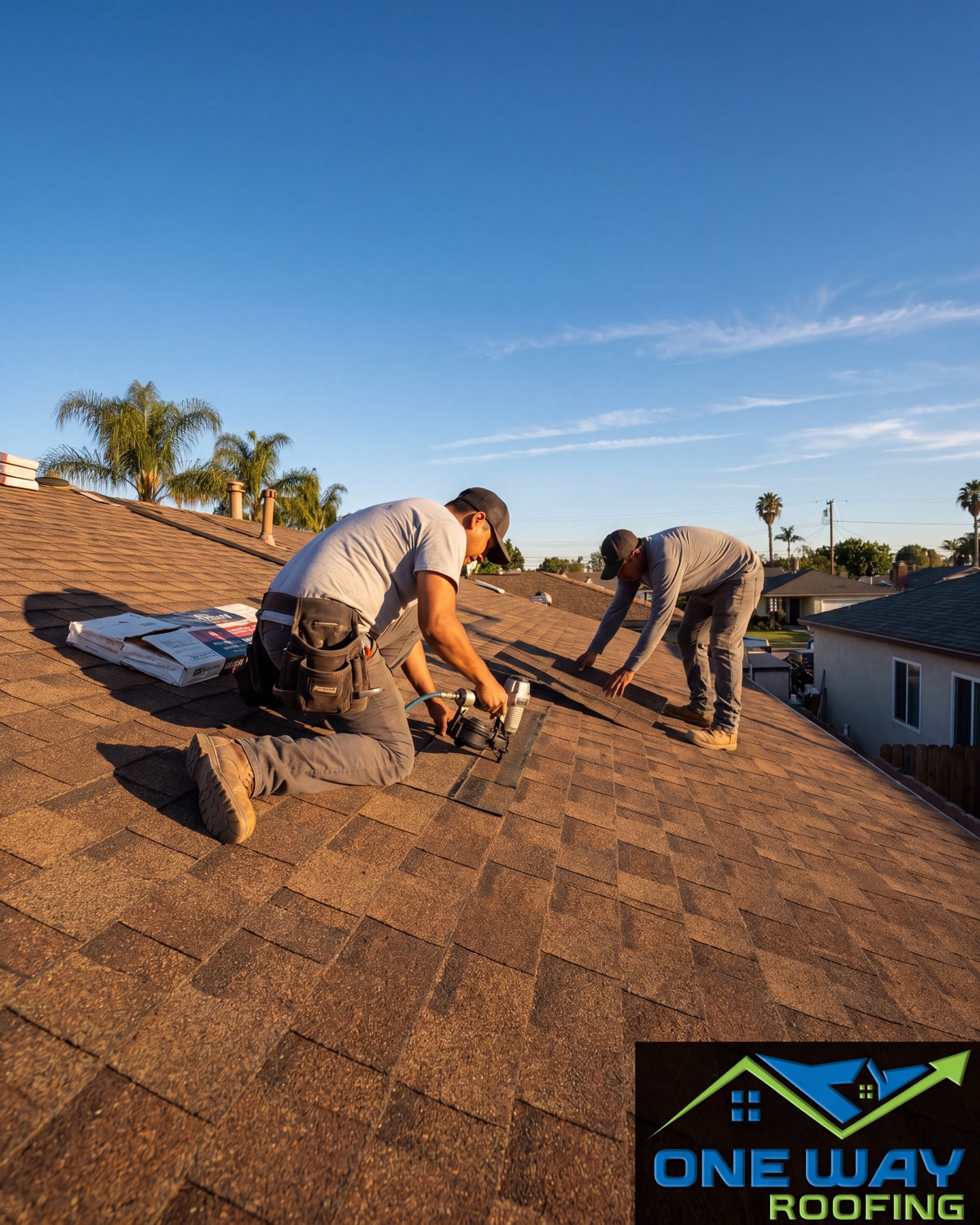 Two One Way Roofing installers fastening architectural asphalt shingles on a residential roof under a clear sky
